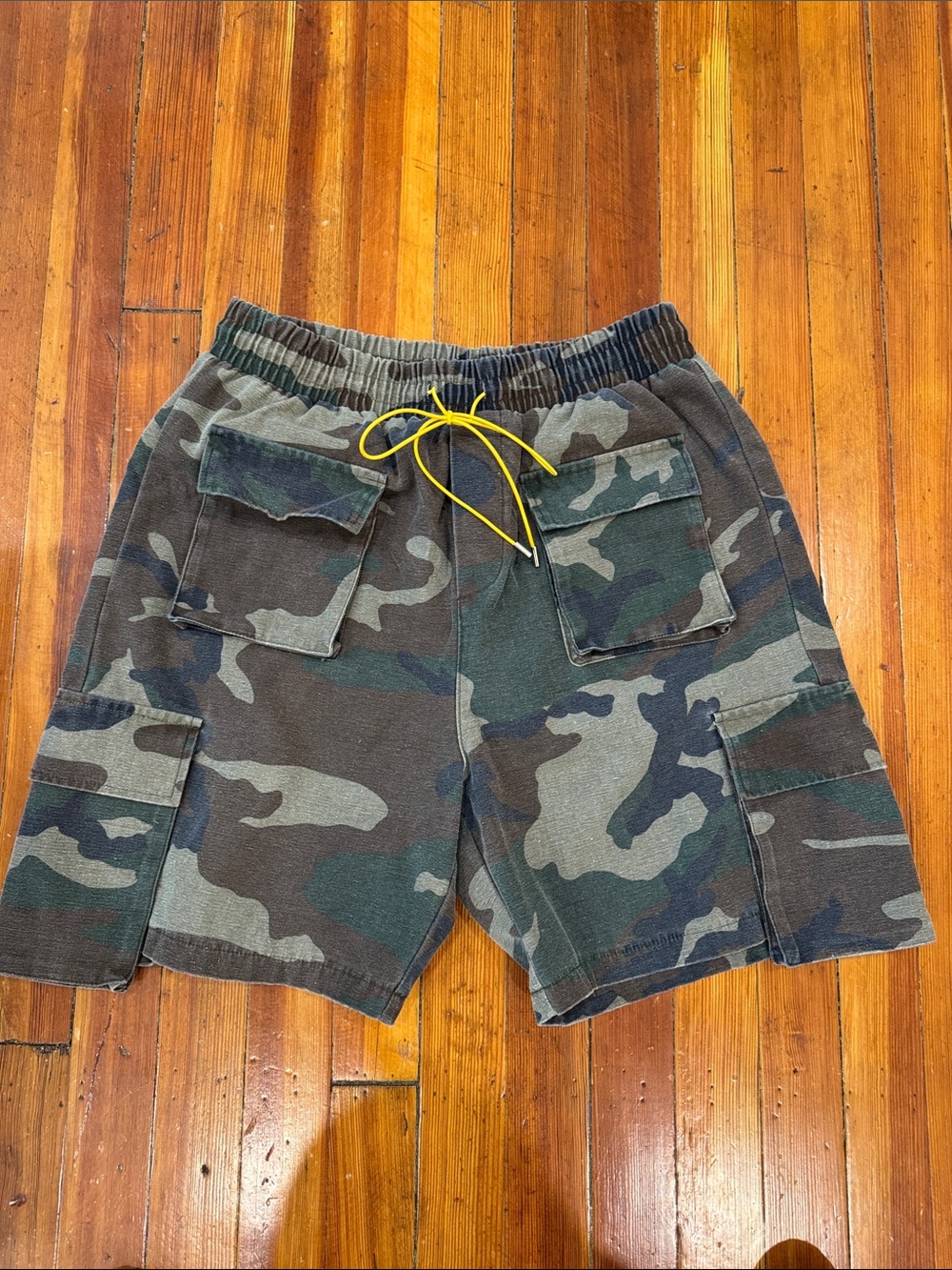Women's Camo Cargo Shorts with Yellow Drawcord